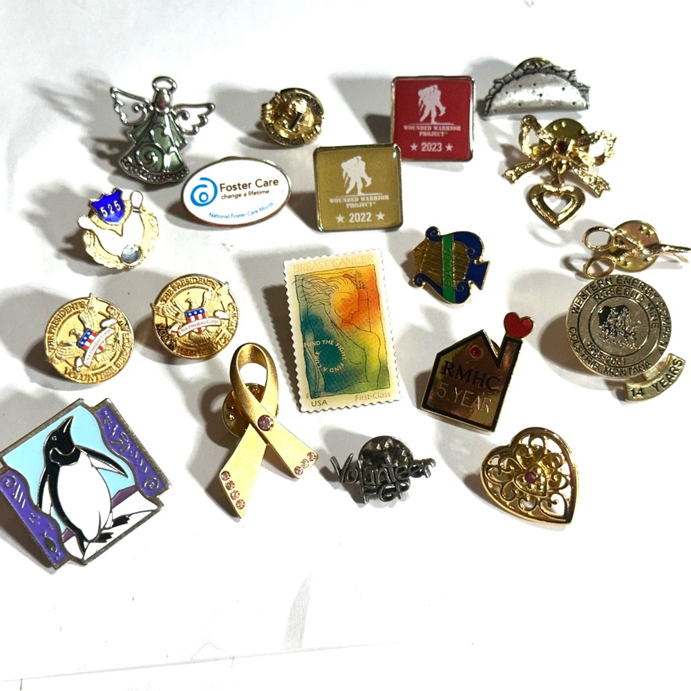 Collectible Pin Assortment Penguin Avon Ribbon USPS Stamp Bowling Hearts Taco